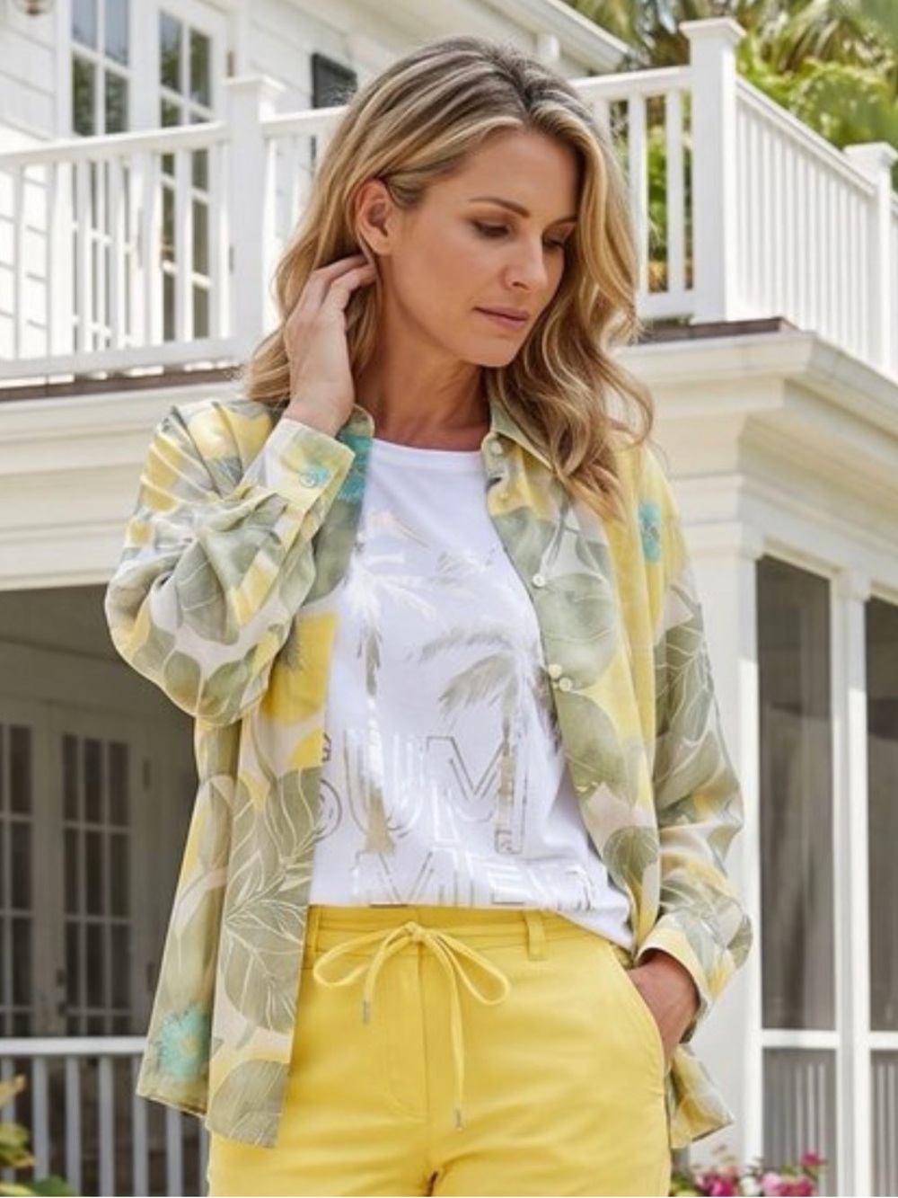 L/XL GERRY WEBER Blouse/ Button up/ Cover Up Cotton Floral Yellow Sage EU42